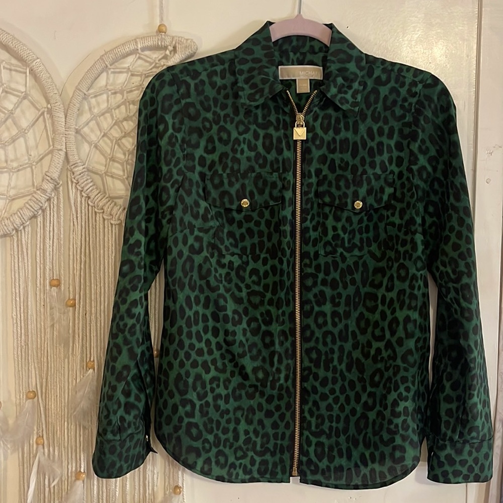 Michael Kors Cheetah Print Mock Neck Button-Up Top - image 1